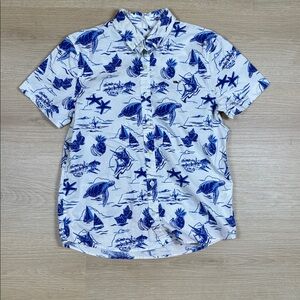 Vineyard Vines Blue & White Sea Turtle Marlin Tropical Print Short Sleeve Shirt
